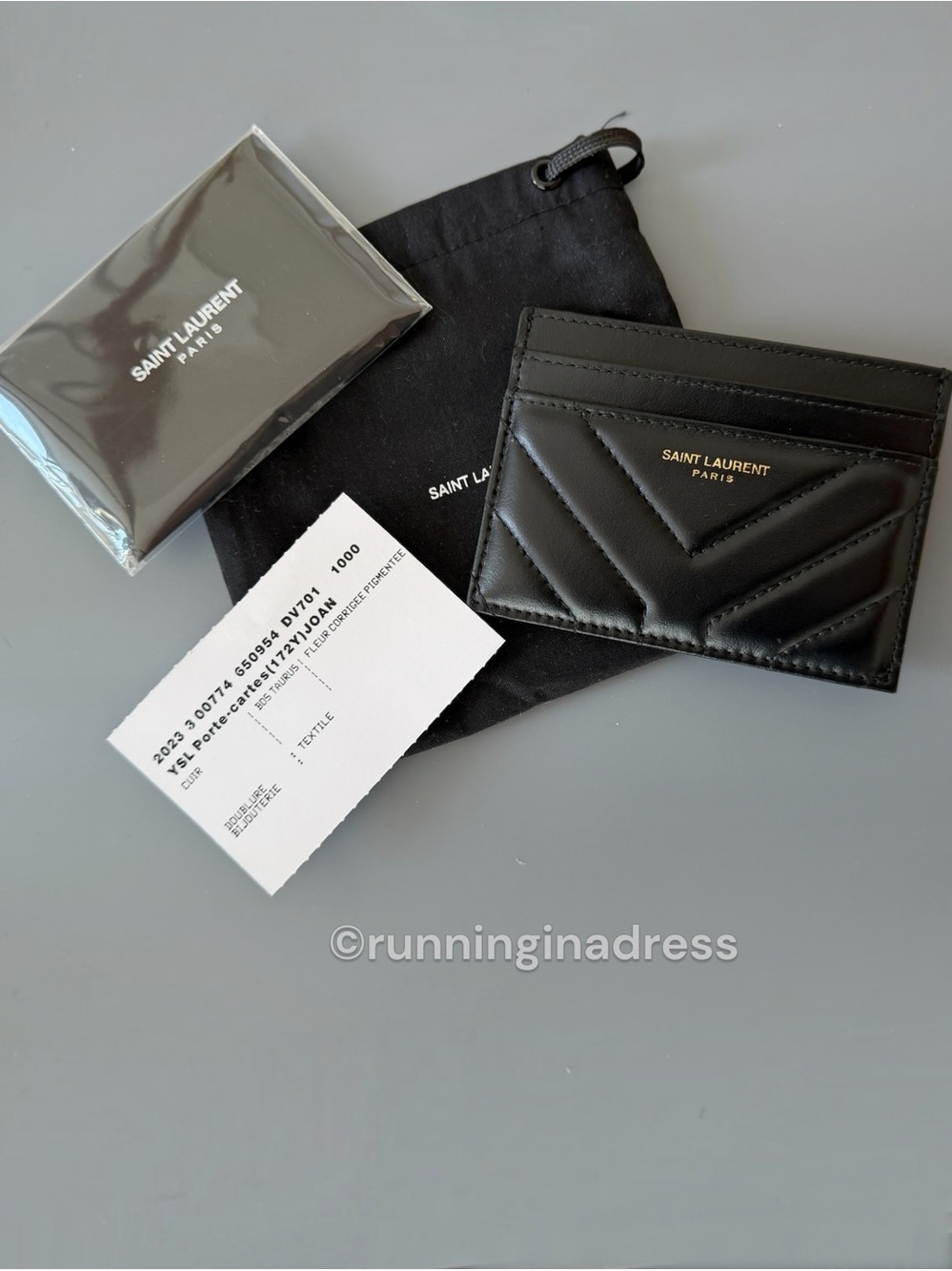 Saint Laurent YSL Joan Quilted Leather Card Case Holder Wallet Black Gold Stamp